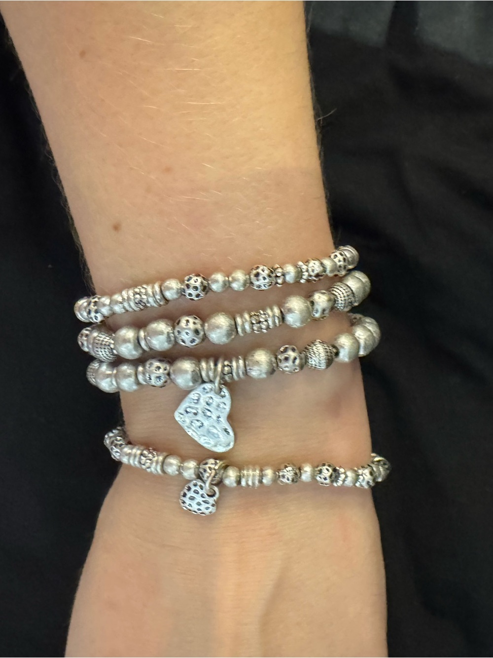 Sterling-Tone Silver Beaded Heart Charm Wrap Bracelet - Picture 3 of 3